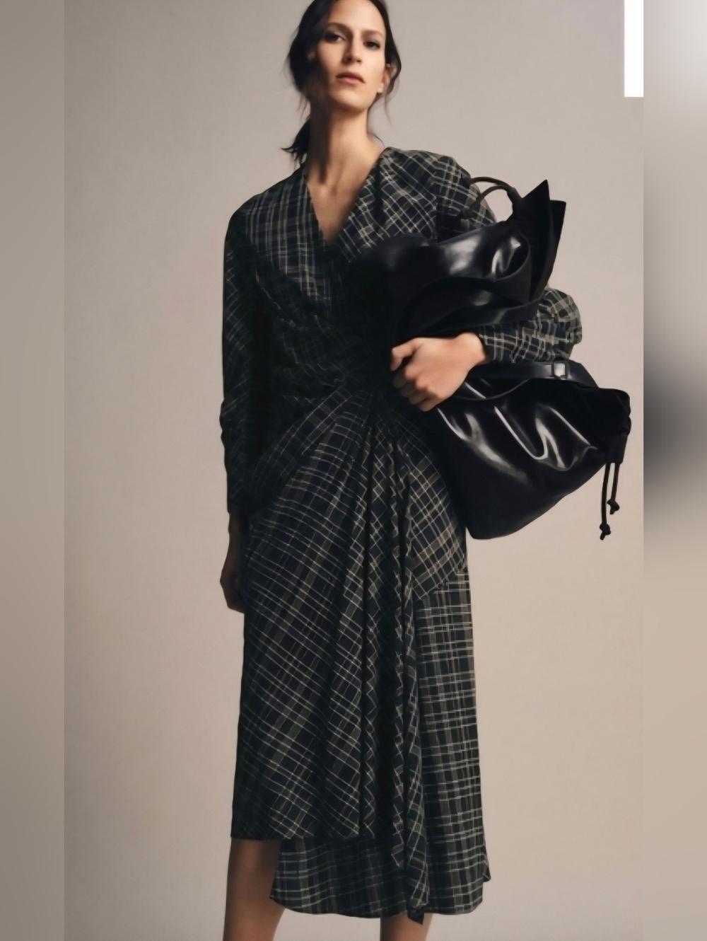 Zara draped check midi dress featuring a V-neckline and long sleeves. Size M Nwt